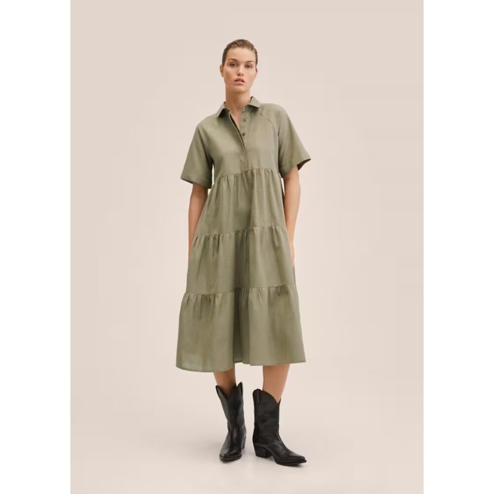 Mango Olive Green Tiered Midi Shirt Dress